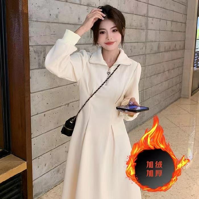 温柔风长袖加绒加厚连衣裙女秋冬季高级感过膝中长裙子内搭打底裙