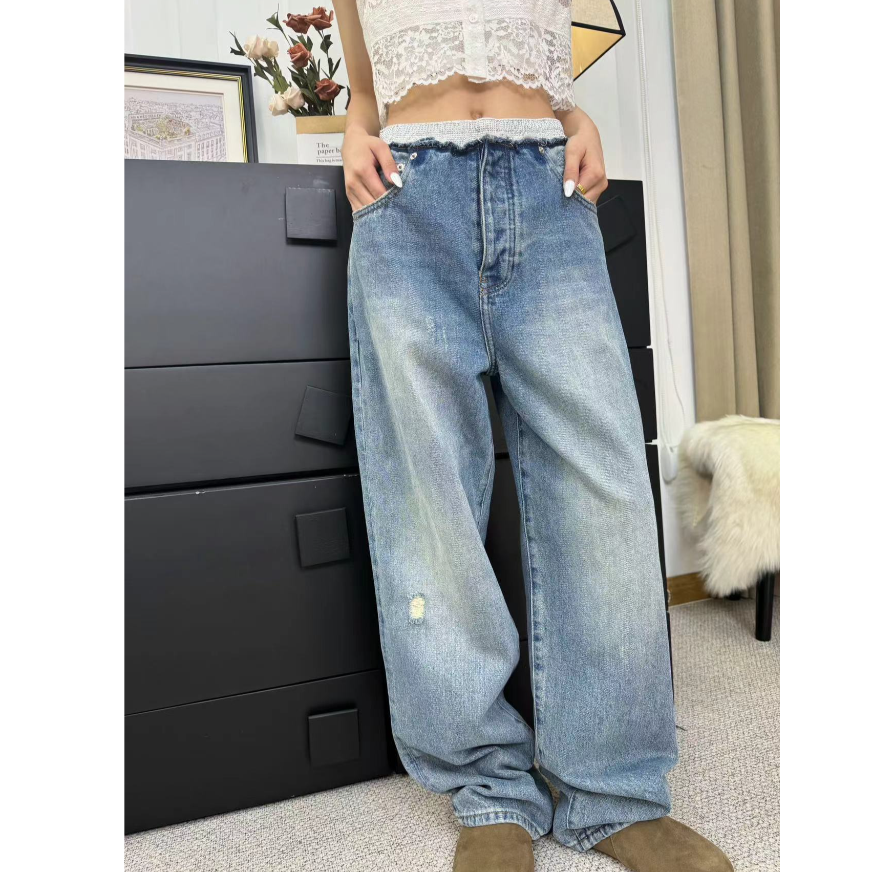 （冰蓝精灵）新款重工拼接白色腰头烫钻直筒裤水洗牛仔长裤