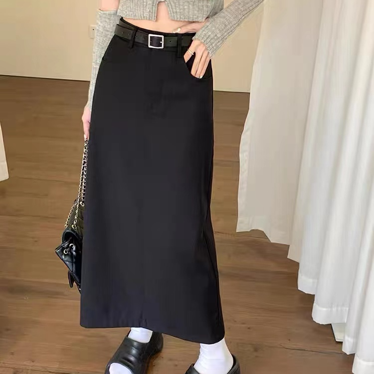 黑色后开叉a字长裙女春夏秋高腰中长款直筒半身裙遮胯包臀西装裙