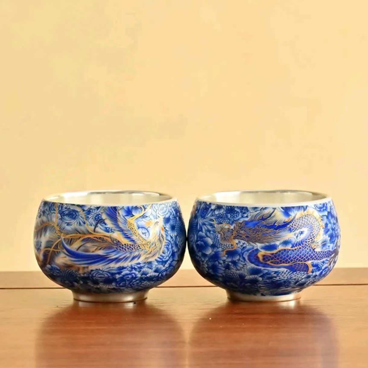 高端穿花龙凤蓝色龙凤银对杯1126