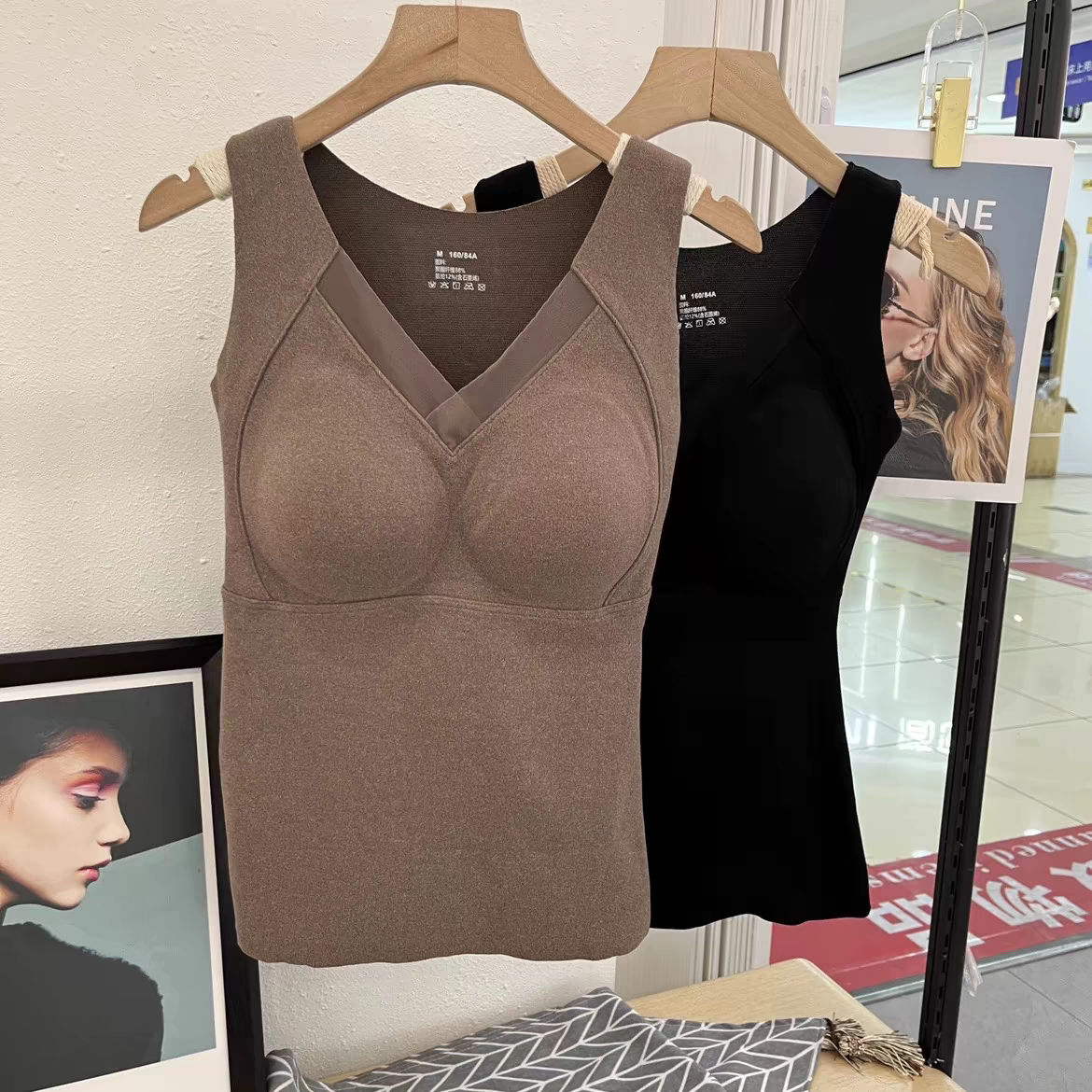 蕾丝边含石墨烯免穿2024款文胸保暖背心女秋冬磨绒保暖上衣含胸垫