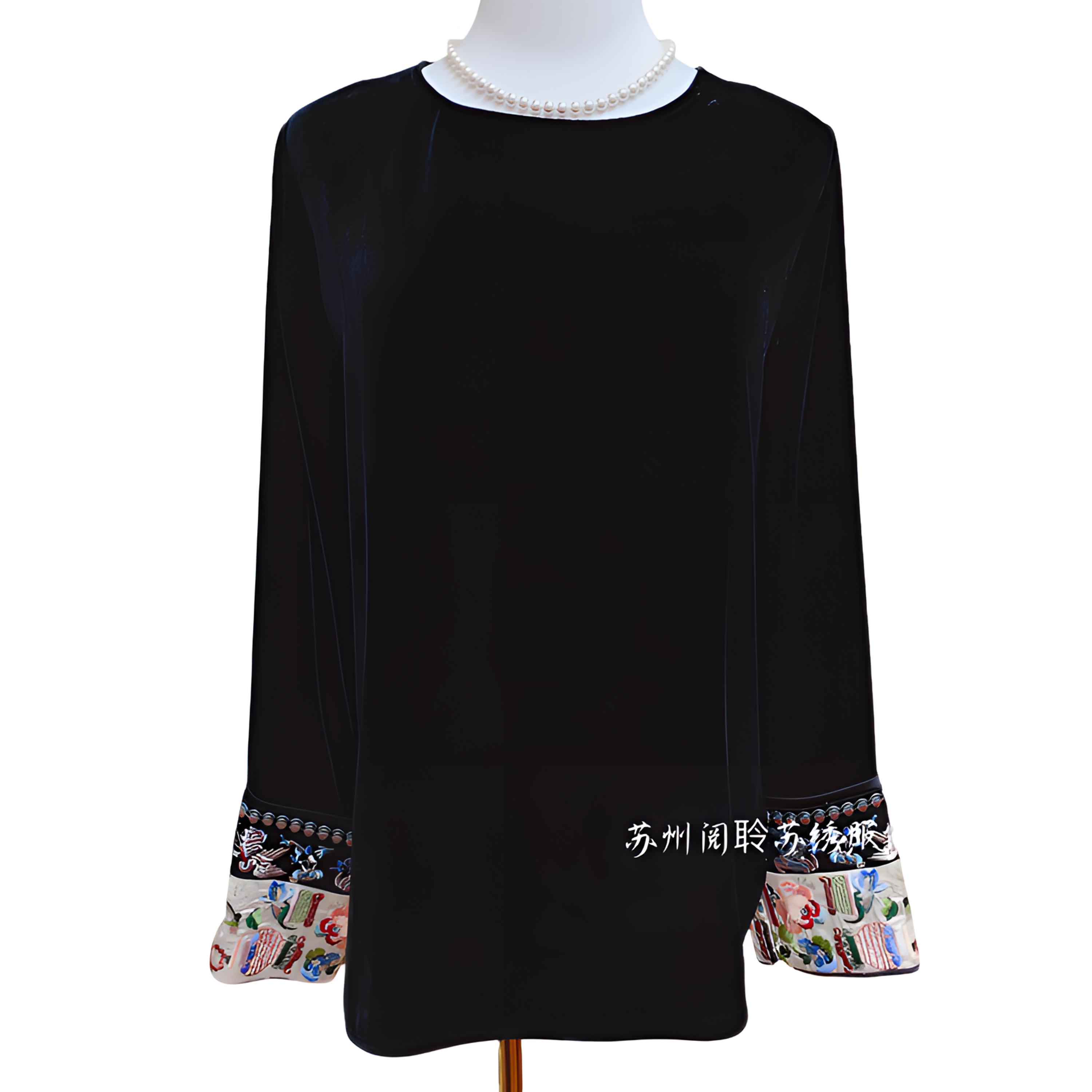 新中式真丝丝绒刺绣宽松打底衫