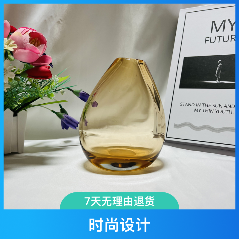 ［花庭］中古琉璃 时尚简约风格 黄色明料不规则花器