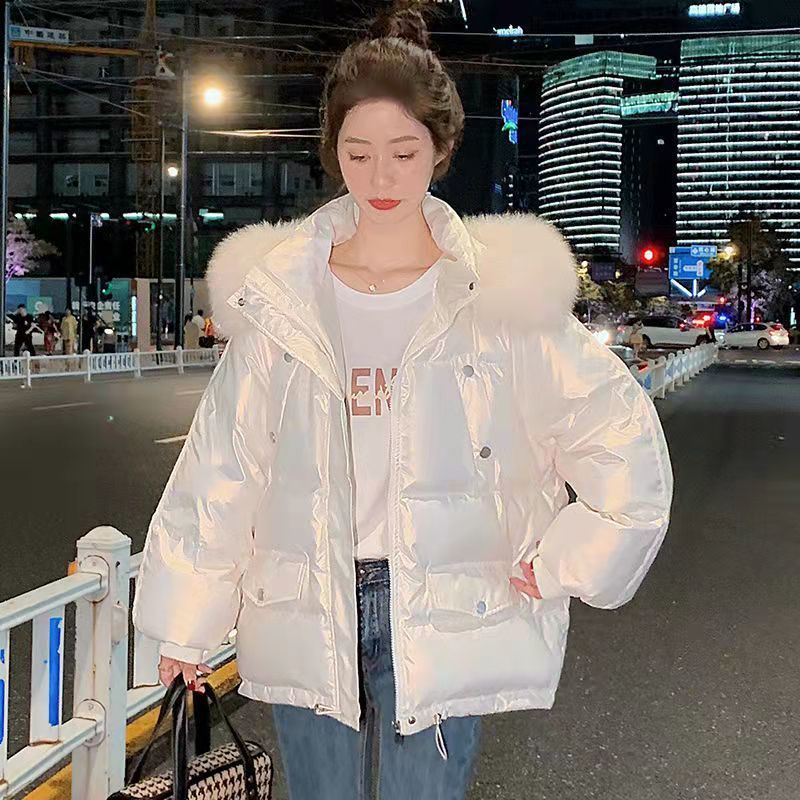 2023新款免洗面料加厚大毛领短款女羽绒羽绒服外套