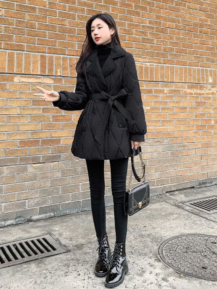 2023新款女装冬修身收腰中长款羽绒羽绒服女黑色显瘦西装领羽绒服