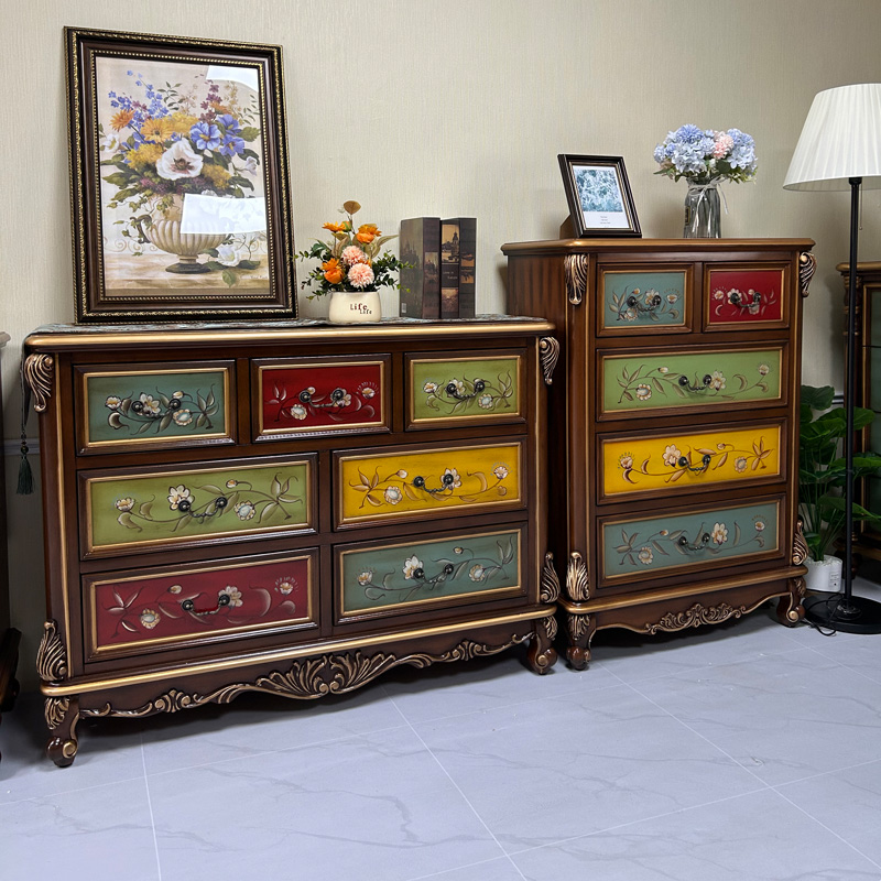 美式乡村彩绘实木斗柜客厅边柜立柜储物柜收纳柜大容量欧式斗柜