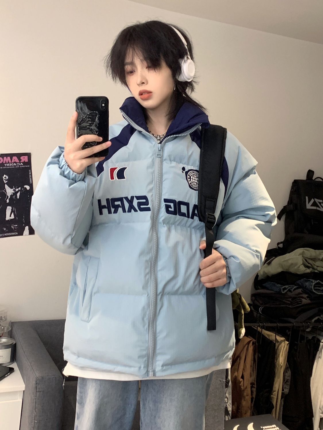 雅鹿美式设计感字母刺绣撞色羽绒服女冬季新款加厚保暖宽松百搭棉