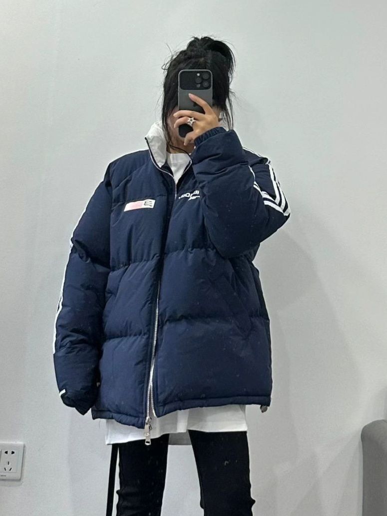 雅鹿藏青色复古大码韩版羽绒服外套女冬季字母印花宽松加厚保暖棉