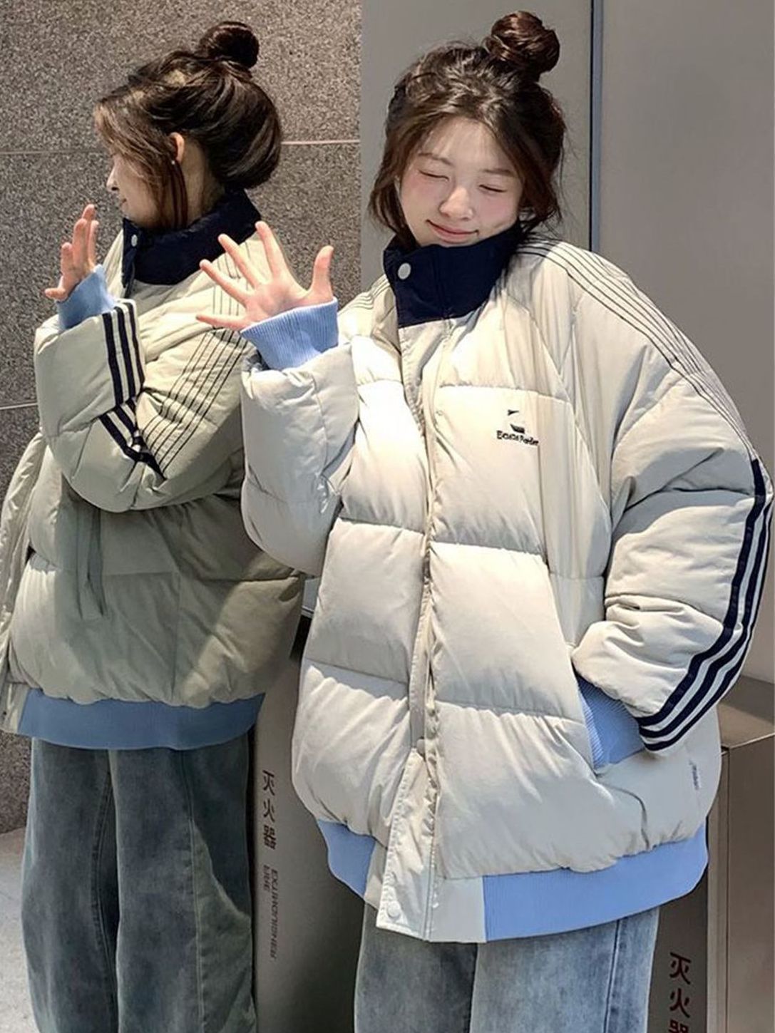 雅鹿美式拼接撞色条纹立领羽绒服外套女冬季新款学生防寒保暖面包