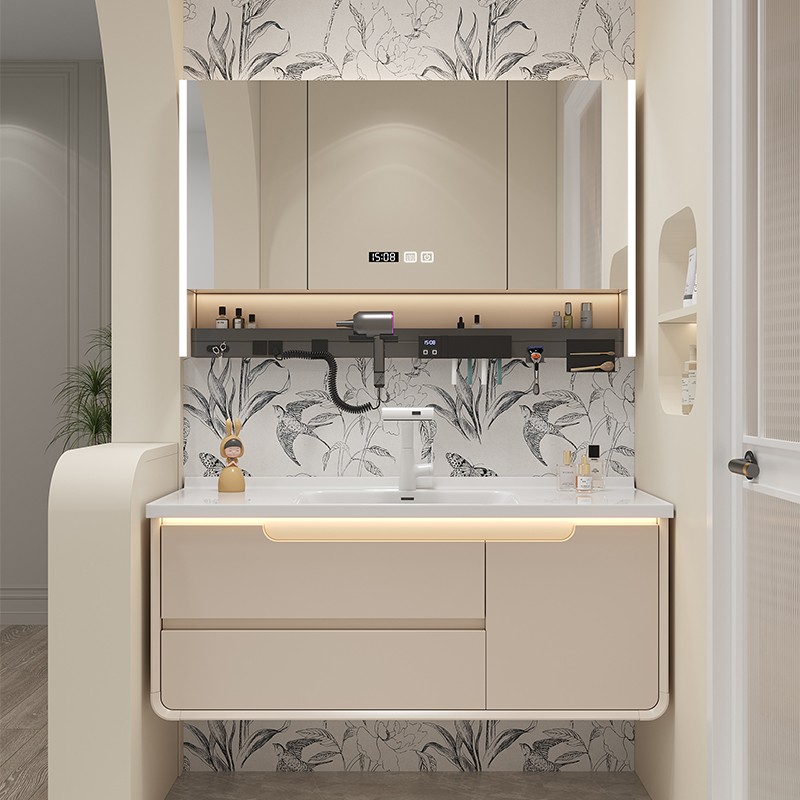 奶油风陶瓷一体盆实木浴室柜组合多功能镜柜卫生间洗脸洗手盆