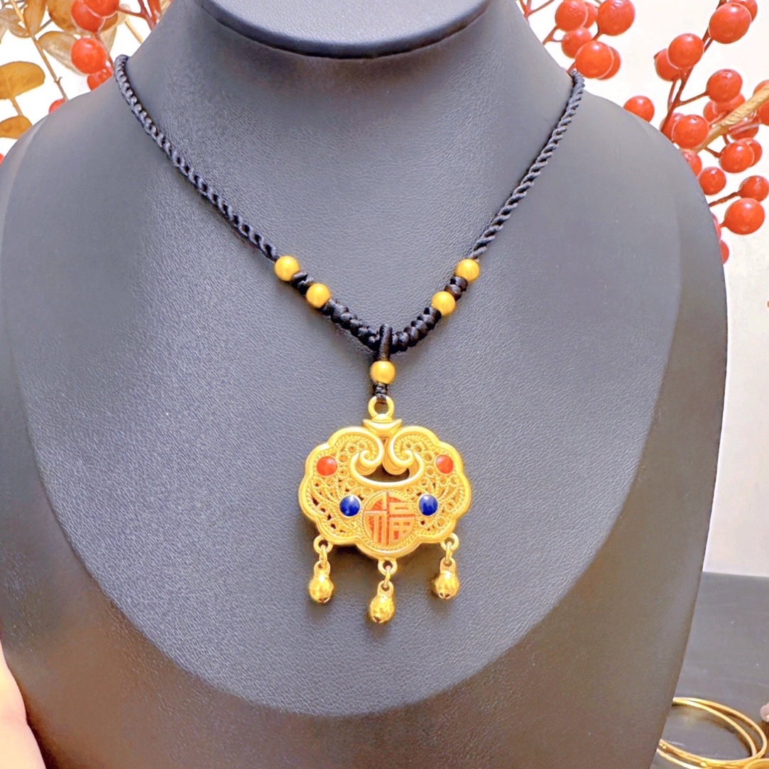 铜合金项链 精工珐琅彩双福铃铛长命锁时尚气质百搭款项链毛衣链