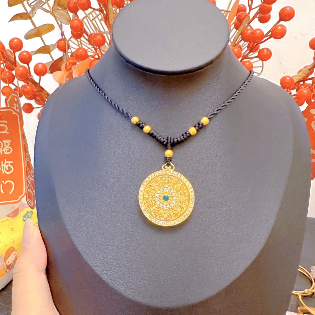 铜合金项链 新中式可转动点绿六字真言八宝罗盘时尚精致百搭项链
