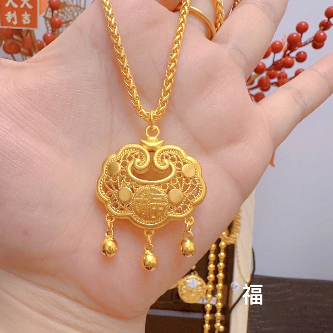 铜合金项链 精工肖邦链款铃铛长命锁时尚气质百搭款项链毛衣链