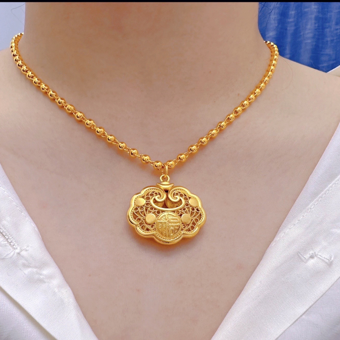 铜合金项链 精工双福祥云无铃铛福锁时尚气质百搭项链毛衣链