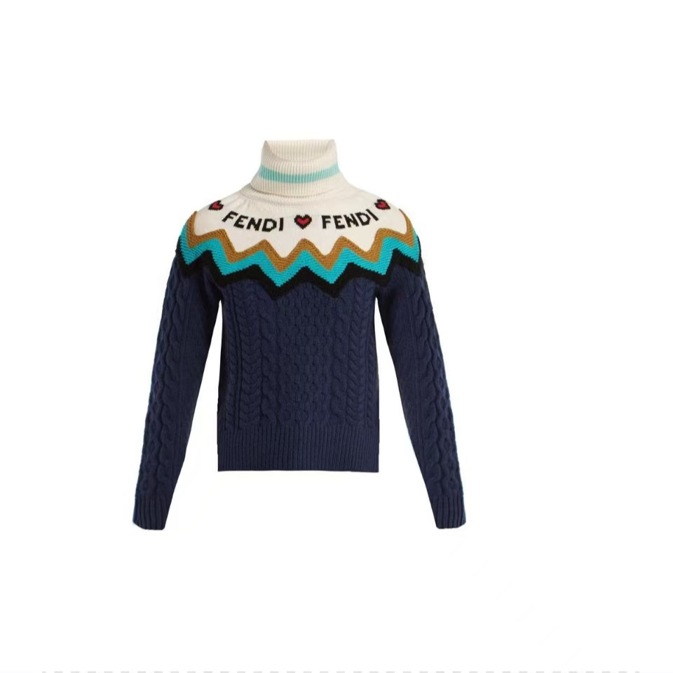 FENDI/芬迪女士爱心刺绣蓝色圆领金晨同款羊毛套头衫针织衫毛衣