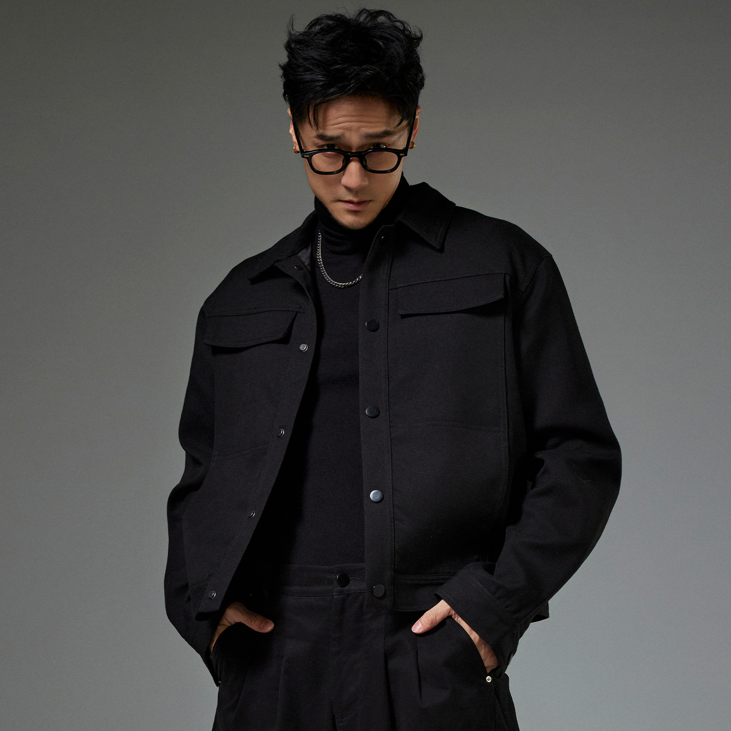 DRK多口袋廓形黑夹克外套男士短款时尚休闲百搭翻领黑色经典简约