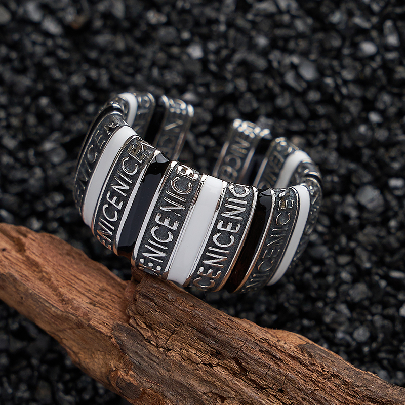 925银珐琅戒指 梁雅帝专属新品黑白珐琅拼接英文潮牌纯银戒指