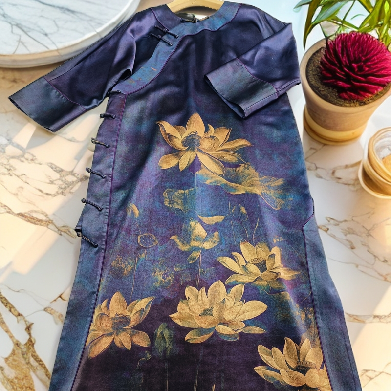 香云纱旗袍袍子连衣裙40姆米重缎定位菏花100%桑蚕丝偏襟全开盘扣