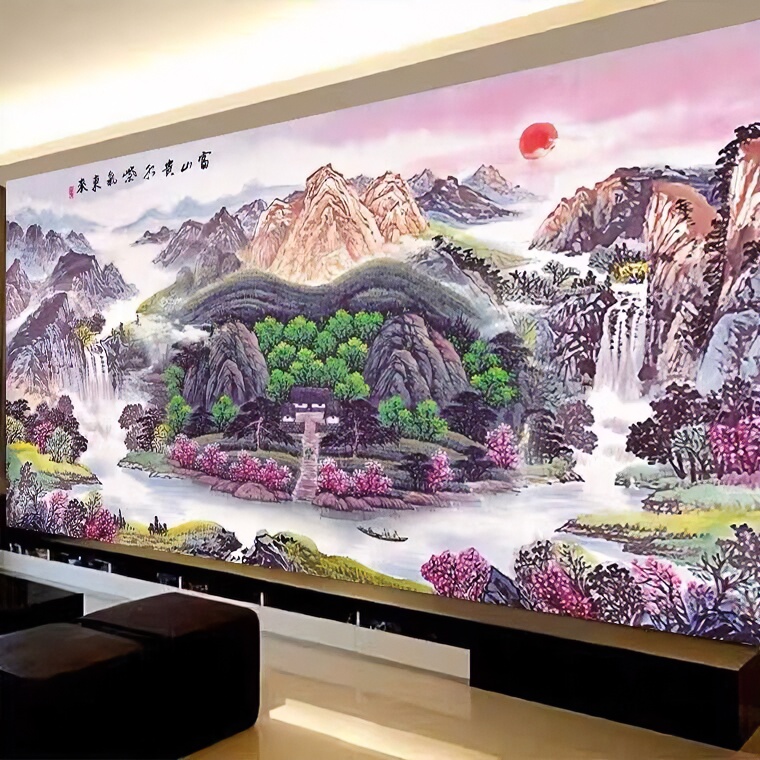 皇室蒙娜丽莎紫气东来2025客厅风景流水生财山水画套件刺绣十字绣