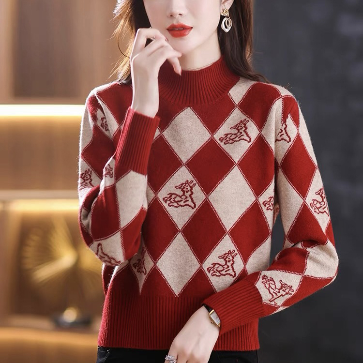 小鹿提花时尚套头针织衫秋冬款半高领棋盘格洋气宽松百搭毛衣9902