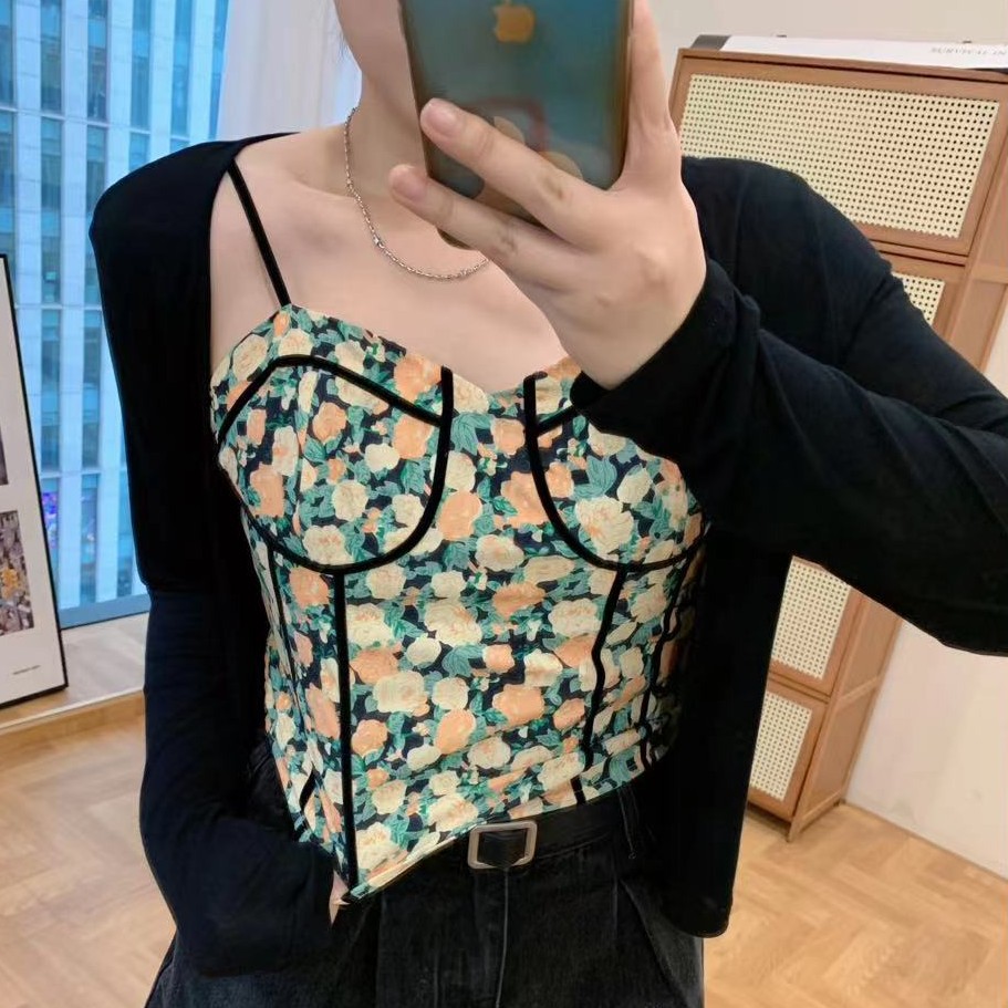 晶咕软软【纯欲辣妹】纯色百搭短款开衫+碎花吊带印花v领小众内搭