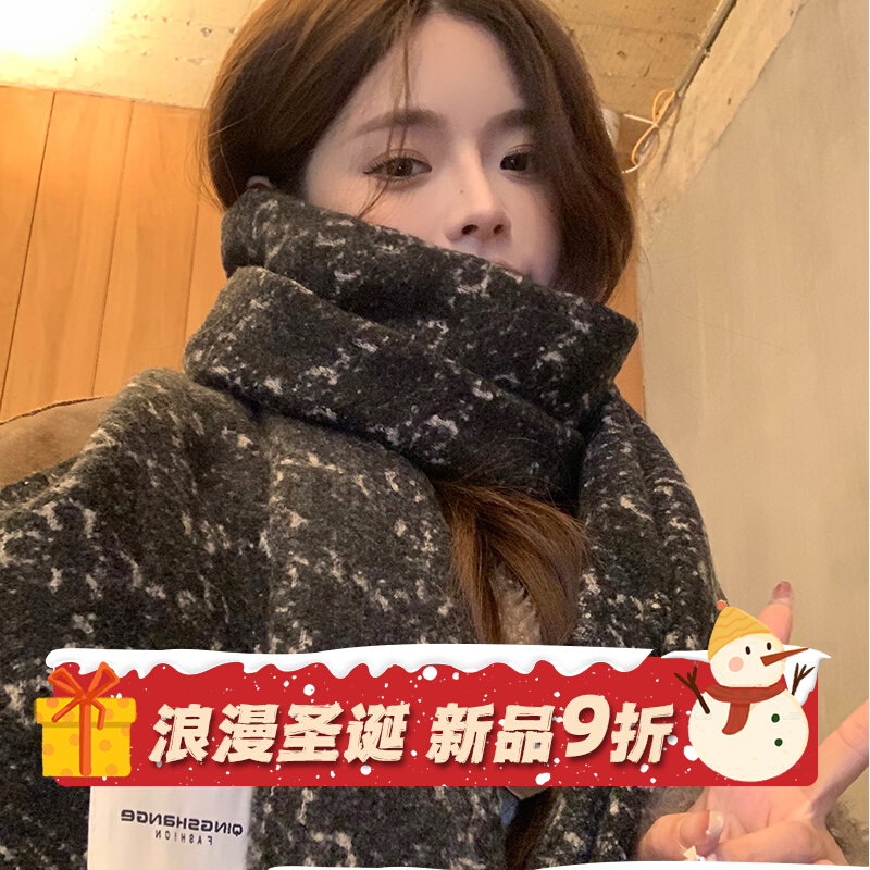 冬季布贴针织保暖流苏围巾女款氛围感户外休闲防寒防冻围脖披肩