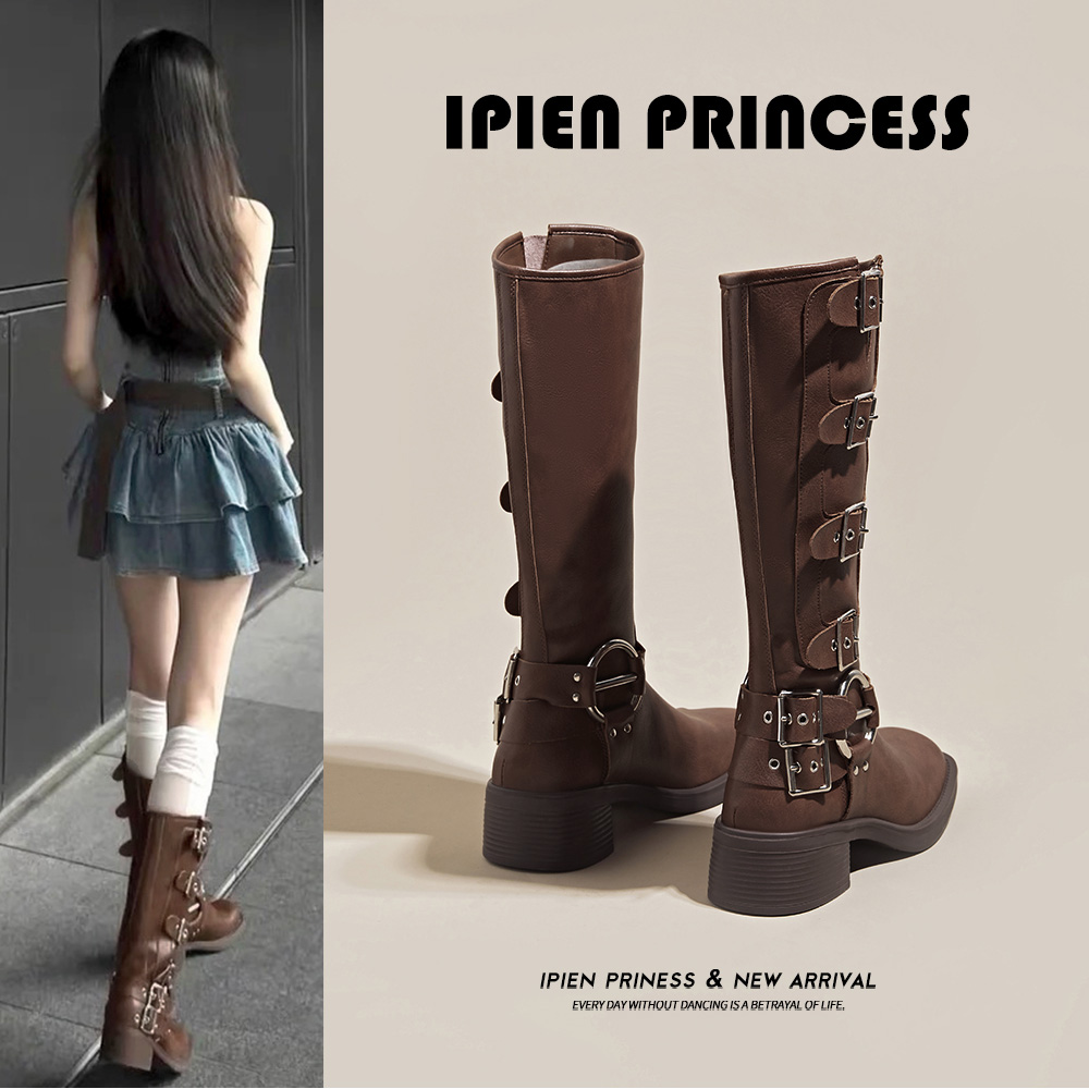 美拉德靴子2025秋冬新款配裙子长筒西部牛仔靴厚底复古方头骑士靴