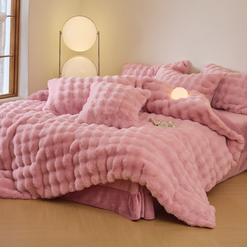 撸猫质感冬季加厚兔兔毛绒床上四件套牛奶珊瑚绒被套床单被罩