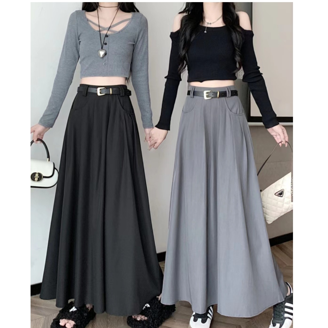 2025春夏秋冬西装高腰大摆毛呢半身长裙女显瘦百搭垂感A字伞裙标