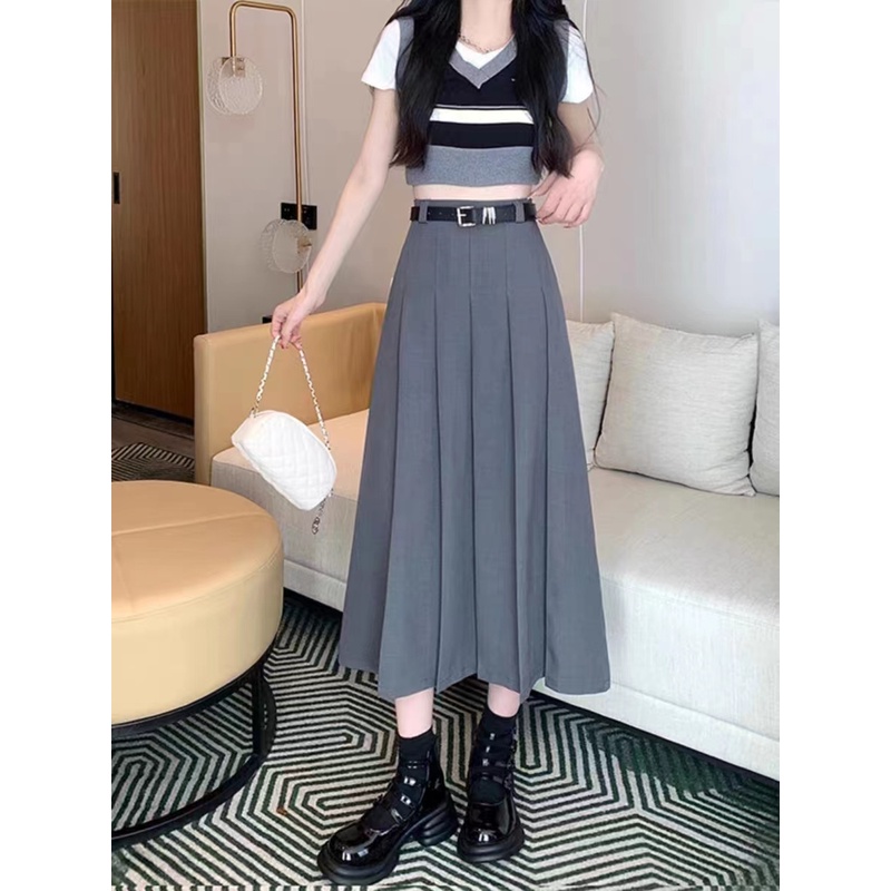 高级感时尚灰色西装半身裙2025秋季高腰显瘦垂感中长款a字百褶裙