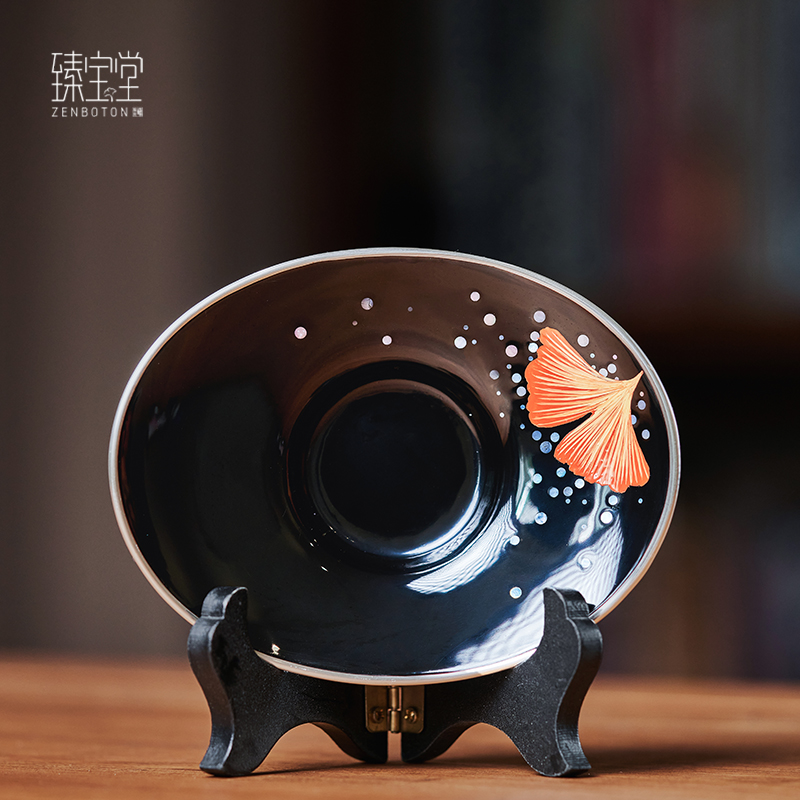 ZENBOTON/臻宝堂银杏叶大漆元宝托-手工大漆银杏叶茶托包银边杯垫