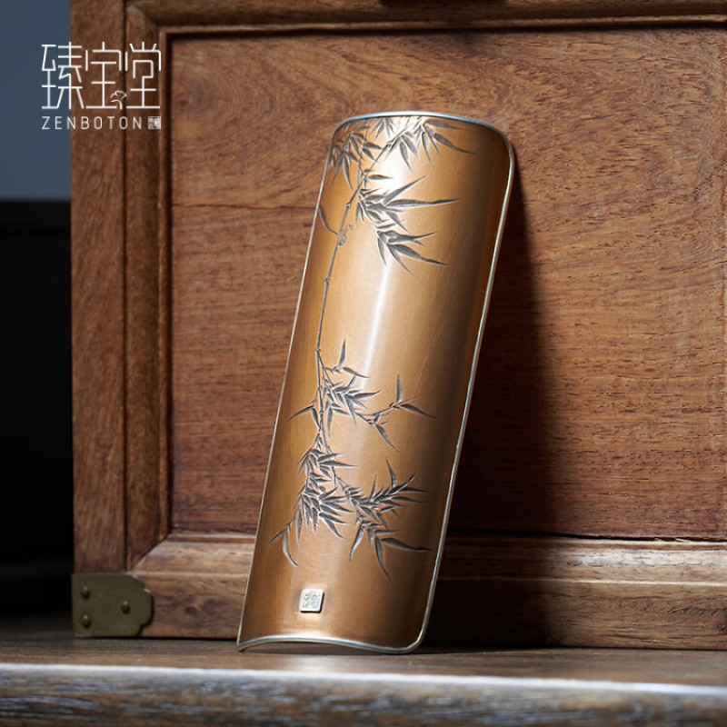 臻宝堂（ZENBOTON）纯铜包银边赏茶荷纯手工錾刻竹影清风醒茶器