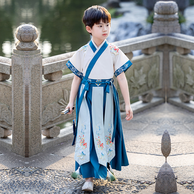 今日优惠【青龙蓝短袖】汉服男童儿童古装夏季轻薄古风男公子演出服