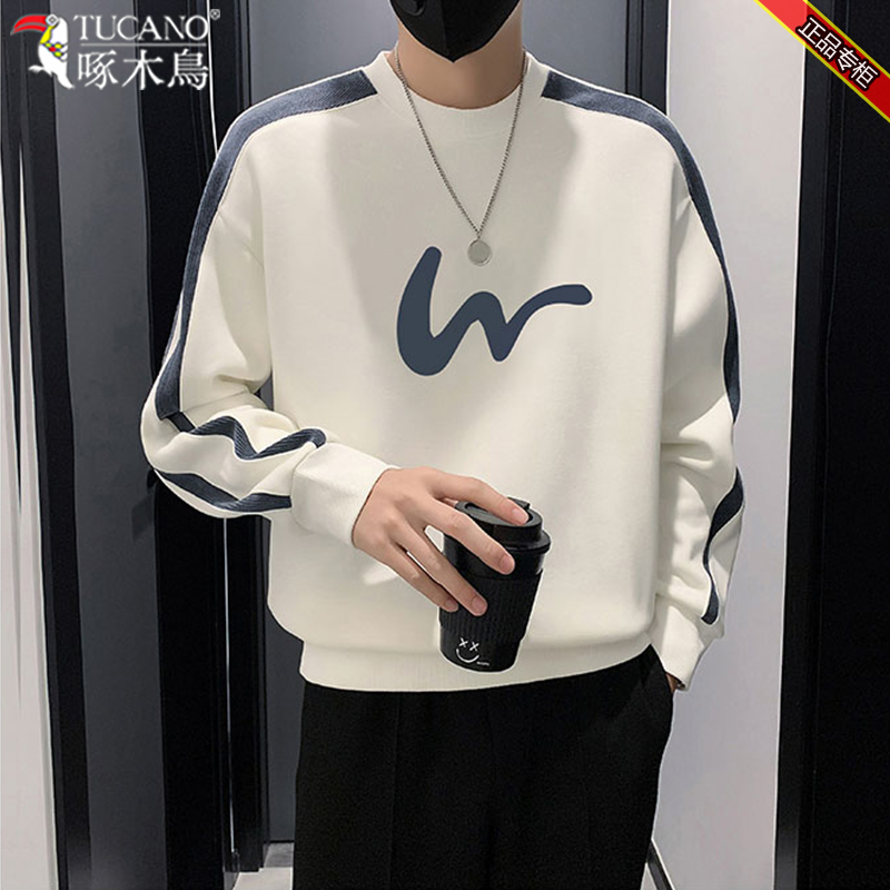 啄木鸟加绒卫衣男士潮流痞帅设计感印花男装上衣秋冬加厚长袖内搭