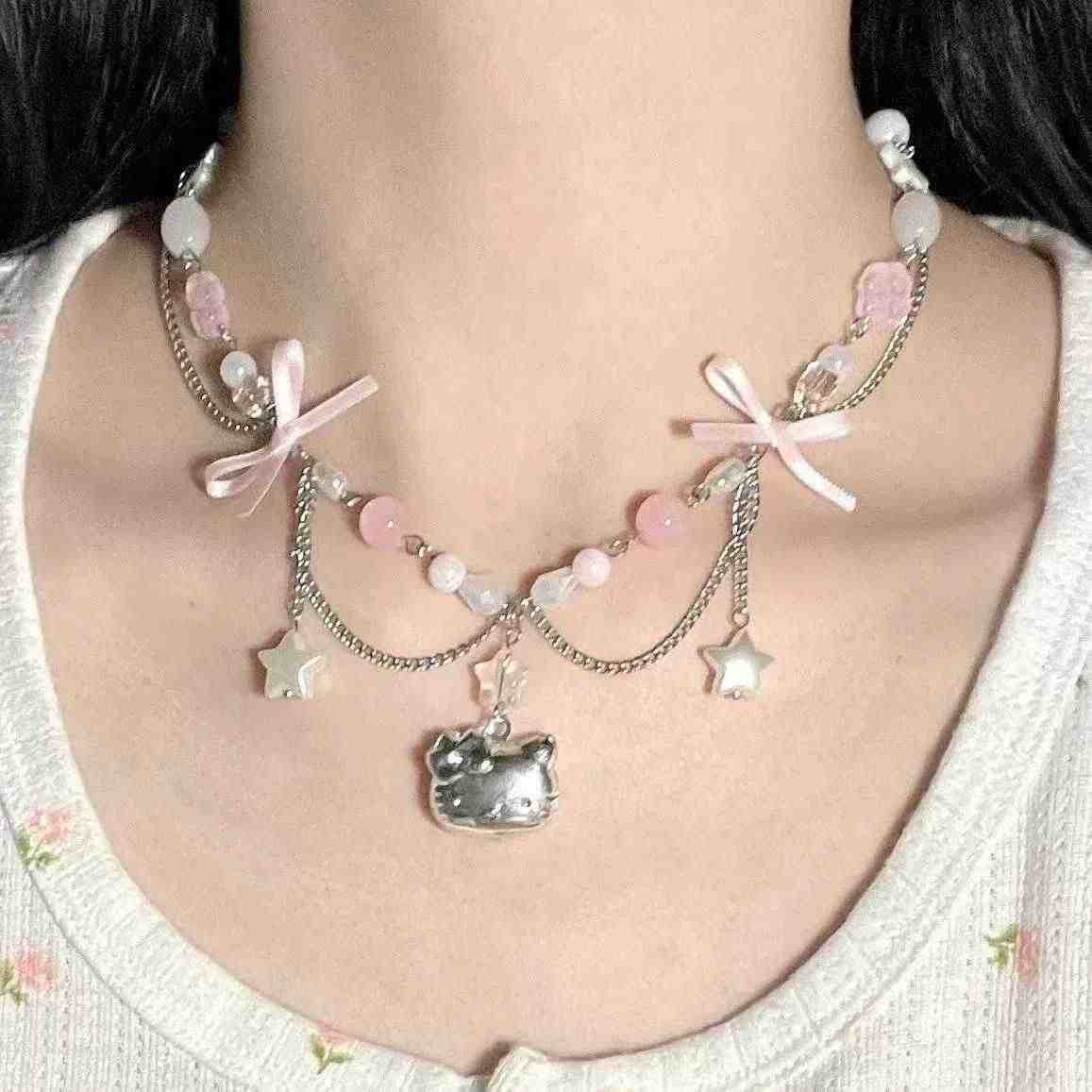 铜合金亚克力项链 甜美凯特猫蝴蝶结串珠项链可爱心星星流苏项链