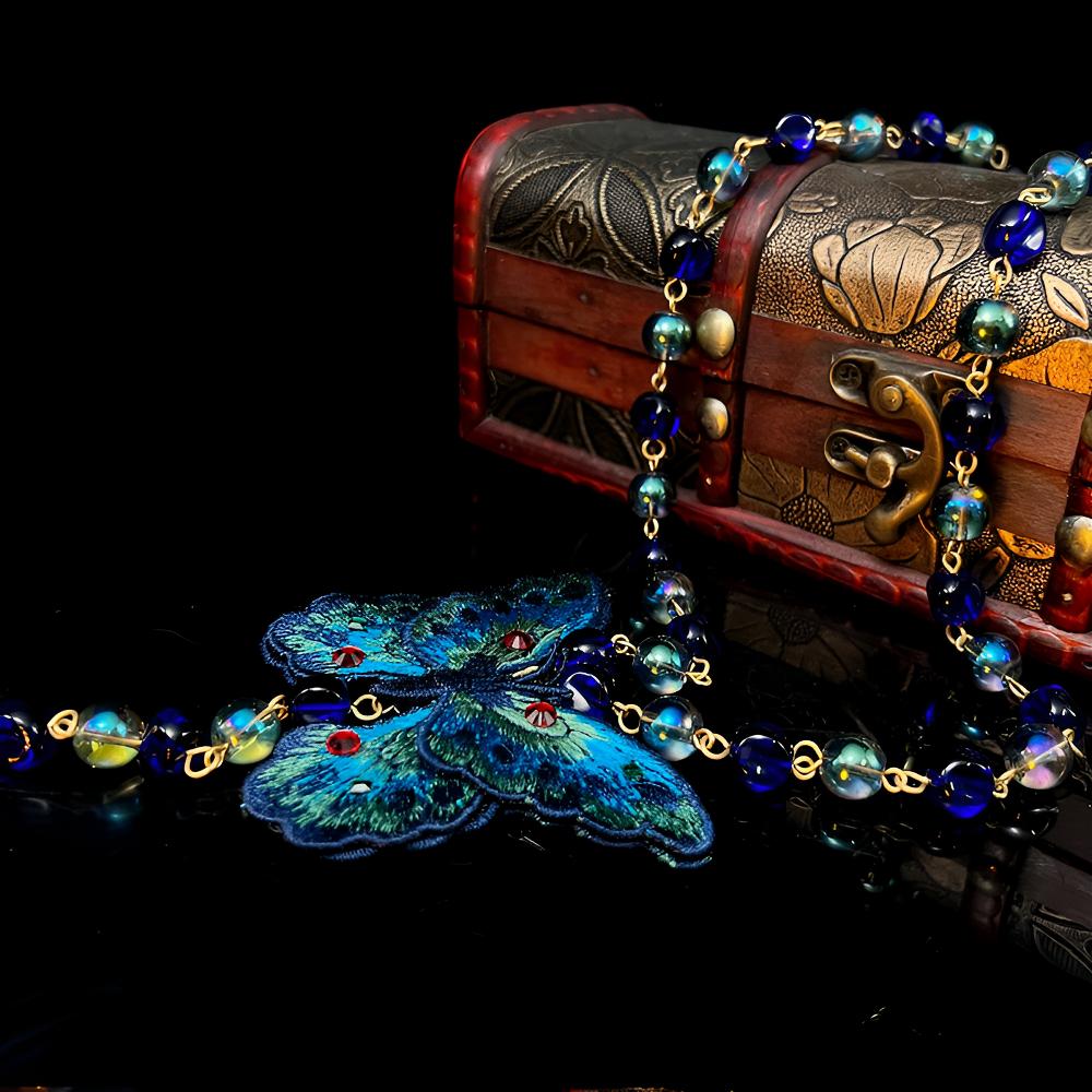 非金属玻璃项链 1设计感手工毛衣链中古渐变刺绣蝴蝶流苏项链百搭