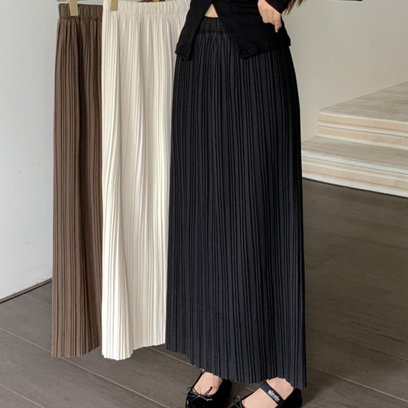 黑色中长款百褶半身裙女秋冬高腰显瘦包臀休闲直筒长裙配毛衣半裙