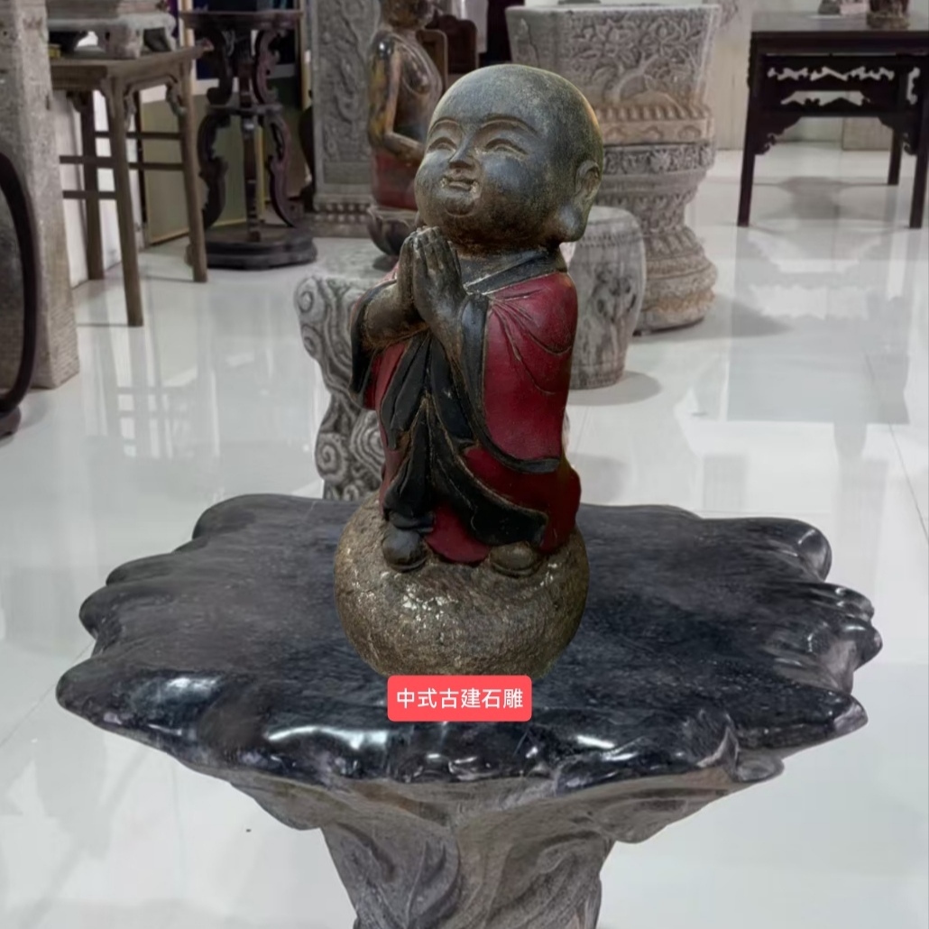 【现货小沙弥】青石描彩绘福娃栩栩如生整石刻童趣十足复古可爱