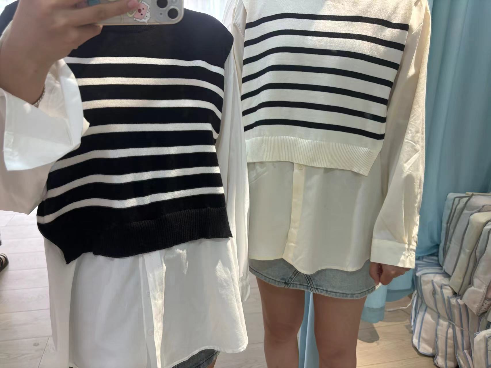 设计感小众宽松孕妇大码130—160 斤黑白拼接条纹卫衣衬衫