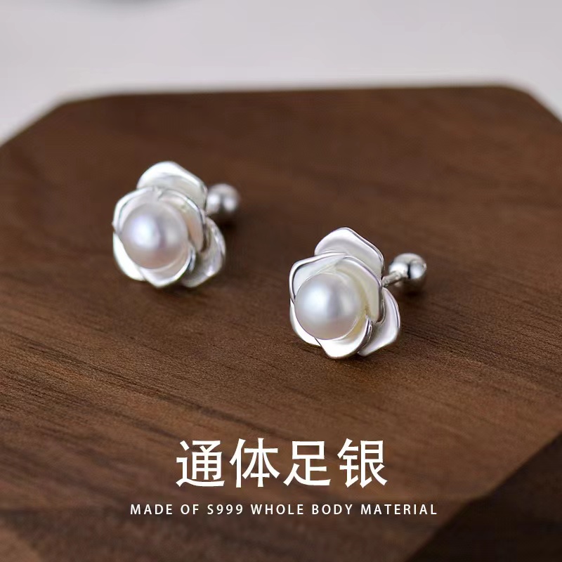 足银耳饰 S999足银淡水珠珠耳钉女优雅高级感玫瑰花耳饰E347