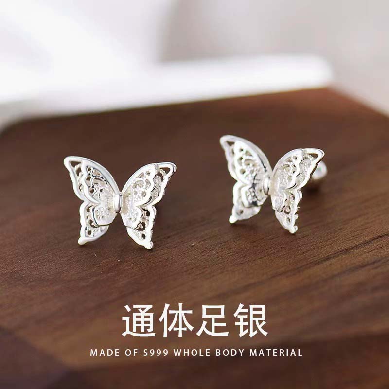 足银耳饰 S999足银花丝蝴蝶耳钉女纯银螺丝耳饰E343