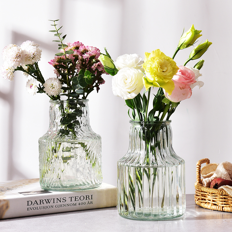 【两只装】大号北欧冰川纹竖条纹玻璃花瓶客厅摆件鲜花插花玫瑰加厚