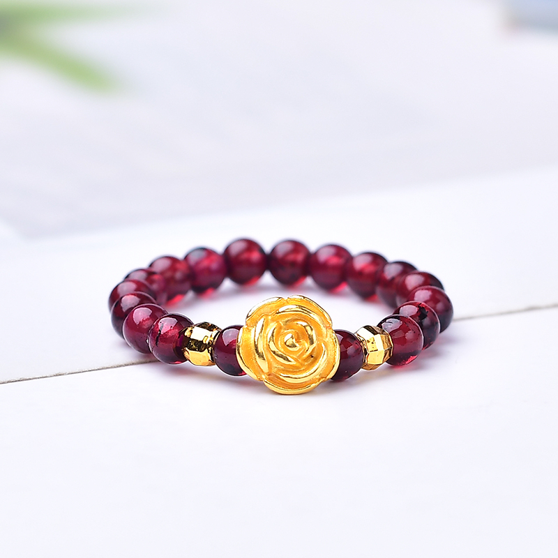 【黄金补贴】足金玫瑰花搭配天然石榴石女士戒指（证书、礼盒）