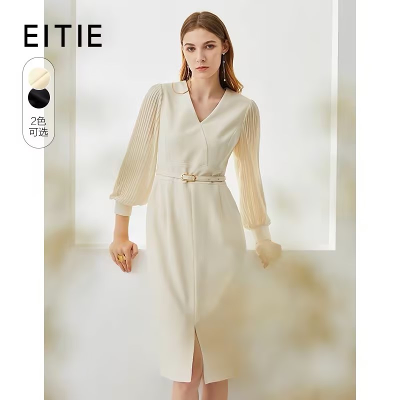 【轻职风】EITIE爱特爱优雅时尚气质V领显瘦灯笼袖连衣裙秋冬