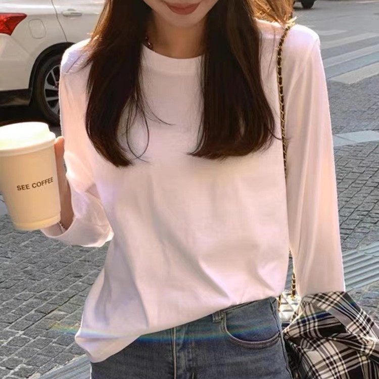 【华艺优选】圆领舒适长袖基础百搭休闲打底白色打底衫女