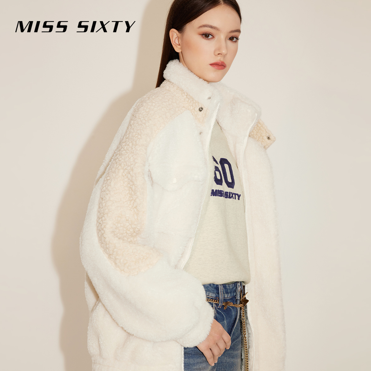 人造皮草 Miss Sixty仿皮草外套女立领拼色高街休闲citywarm