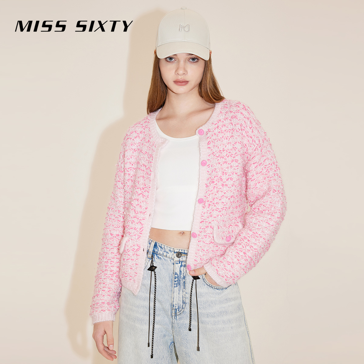 Miss Sixty春季新款毛织外套女圆领短款气质小香开衫雅丹风