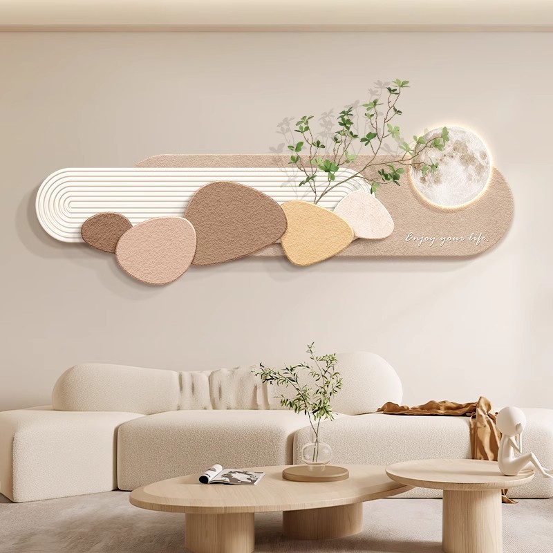 奶油风客厅装饰画大气高级感沙发背景墙挂画卧室砂岩壁画石来运转