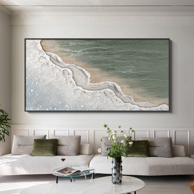 Z135号手绘油画现代客厅沙发背景墙装饰画侘寂风纯手绘海浪工艺画