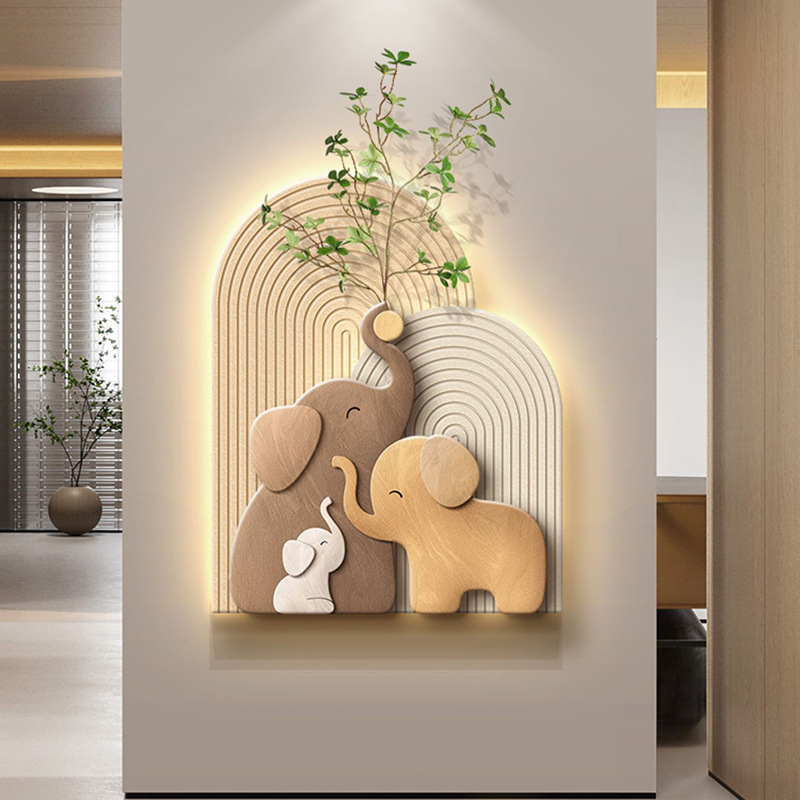 简约原木风小鹿玄关装饰画砂岩浮雕客厅餐厅壁画入户走廊挂画艺术